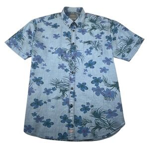 THOMAS DEAN Chambray Blue Floral Short Sleeve Men's Shirt Sz Med $110 MSRP